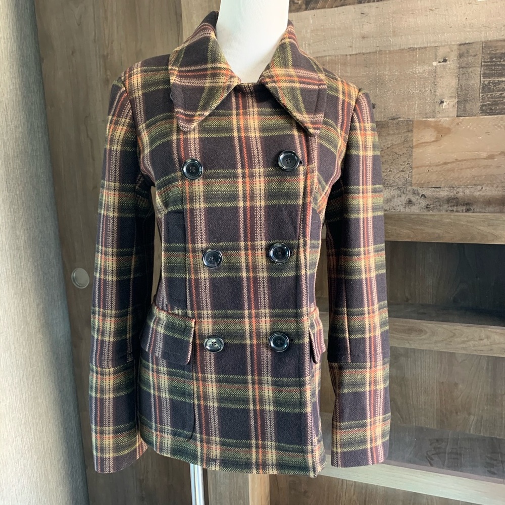 Michael Kors wool blend pea coat small plaid